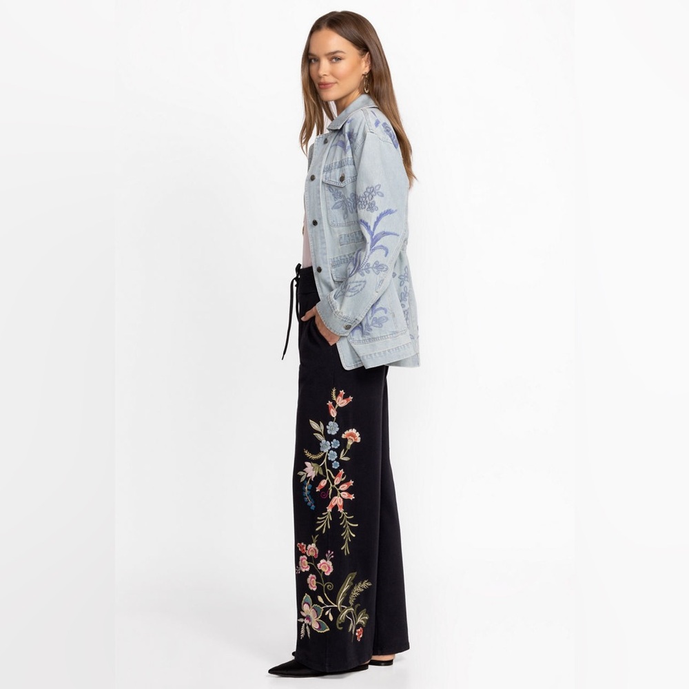 NWT Johnny Was Julianna Placement Floral Embroidered Knit Wide Leg Pants